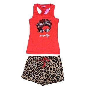Love To Sleep Pajama Set Women’s Size S Red Tank Leopard Shorts Mom Life NWT